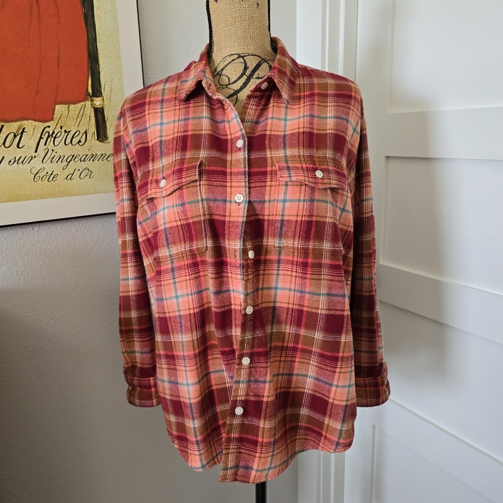 Old Navy 100% Cotton Plaid "Boyfriend Shirt". Size L Fall Colors